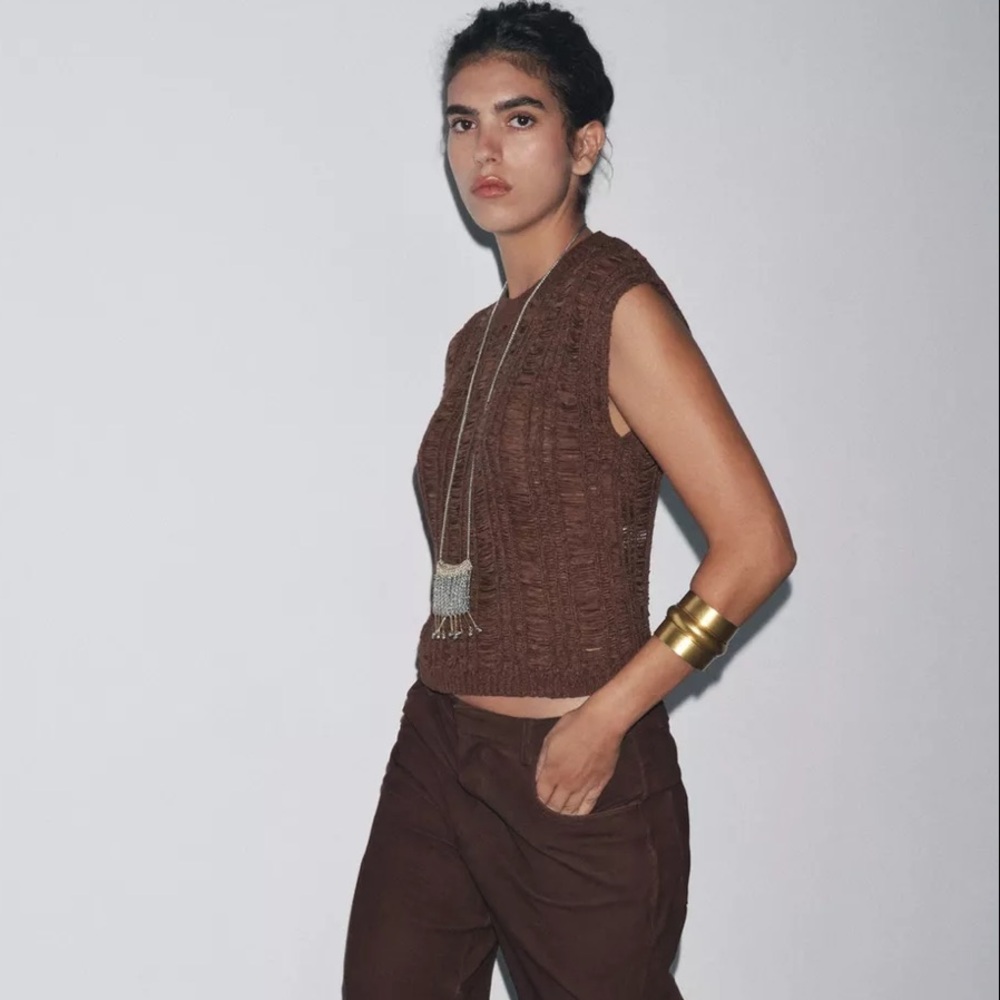 Zara ribbon Knit top, brown - Picture 5 of 15